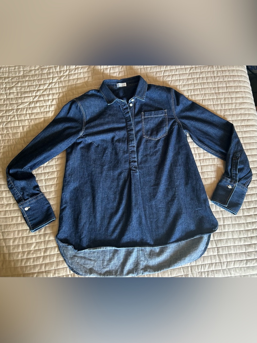 Brunello Cucinelli Blue Denim High-Low Button-Front Shirt